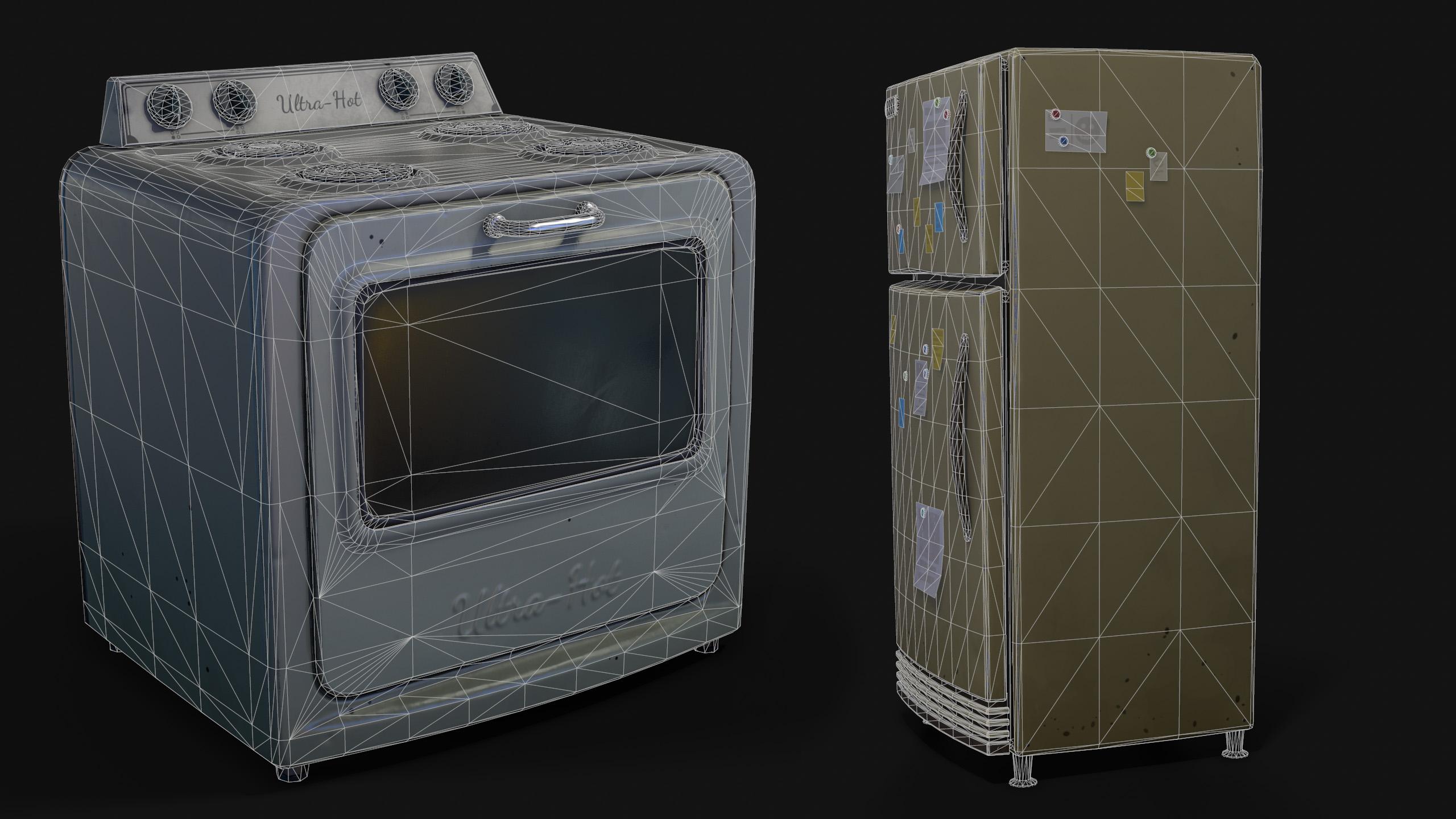 A wireframe render of a stylized oven and fridge